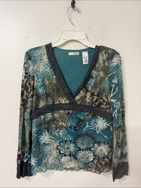 TINT Teal Floral V-Neck Long Sleeve Top Y2K